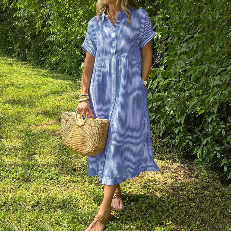 ๐ 50% OFF! ๐ Striped Lapel Button-Down Shirt Dress โ Functional Pockets, Loose Fit & Timeless Elegance ๐๐