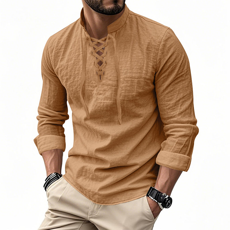 π 50% OFF! π Men's Casual Solid Color Shirt β Lace-Up Neck, Modern Stand Collar & Breathable Cotton Blend π