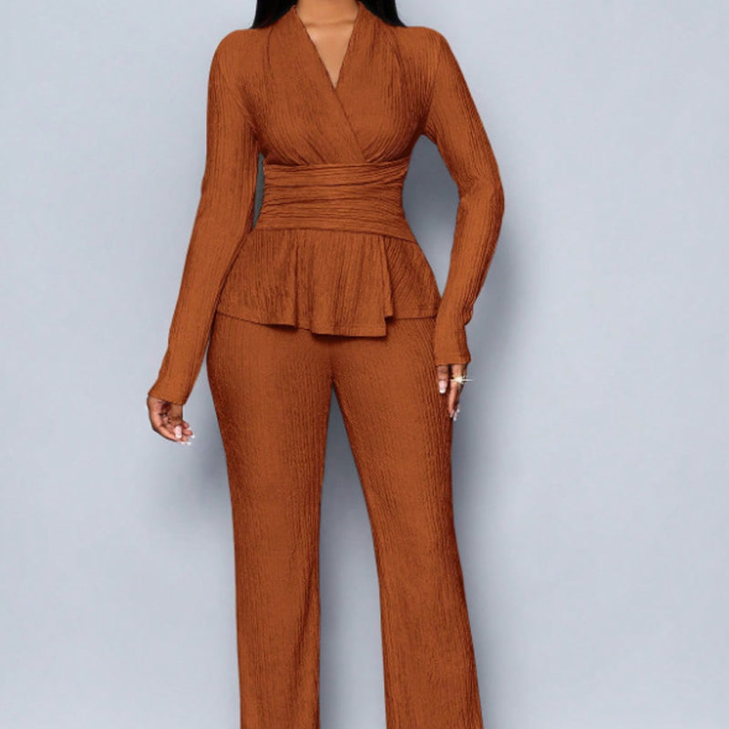 π 60% OFF! π Women's Peplum Top & Pants 2-Piece Set β Wrap Waist, Crossover V-Neck & Textured Fabric (3 Colors) ππ€