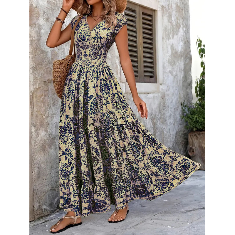 π 50% OFF NOW! πΈ Women's V-Neck Floral Print Smocked Maxi Dress β Smocked Waist, Breathable & Versatile Length β¨