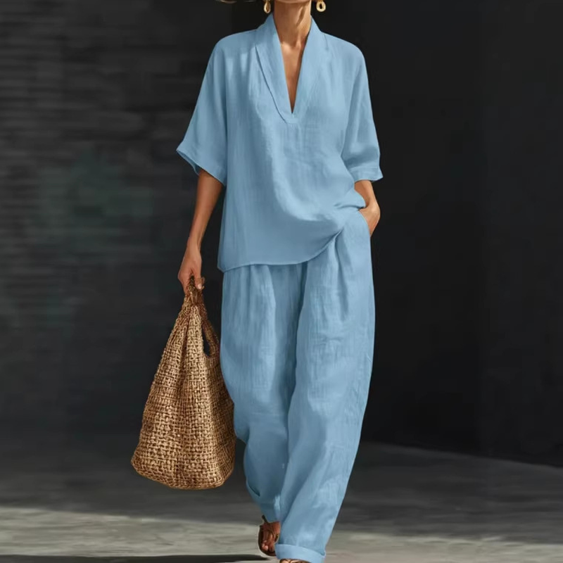 π LIMITED TIME 50% OFF! π Women's Casual V-Neck Top & Wide-Leg Trousers Set β Soft & Breathable for Summer, Work or Resort πΈ