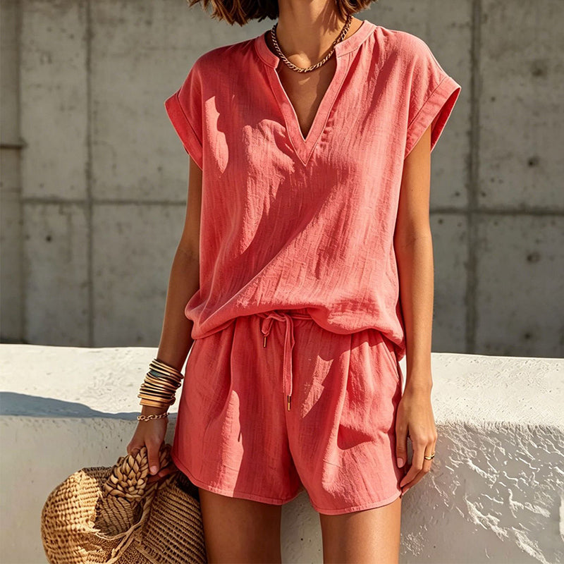 đ LIMITED-TIME 50% OFF! âš Women's V-Neck Top & Shorts Set â Breathable, Drawstring, Vacation Ready âïž