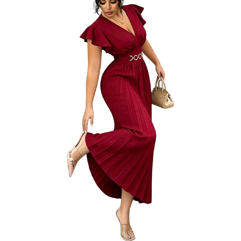 ๐ 2026 Sale โ Over 35,000 Sold!๐Flowy Pleated Maxi Dress โ V-Neck, Ruffle Sleeves, Metal Waistband ๐ธ