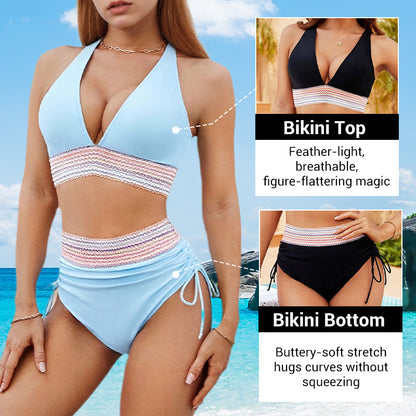 👙High Waisted Tummy Control Color Block Bikini Sets