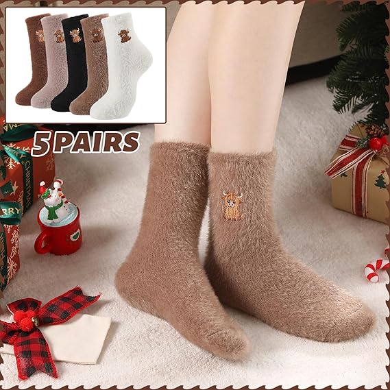 ⏳LAST DAY SALE 50% OFF!🔥Women's Cute Warm Highland Cow Embroidered Plush Socks
