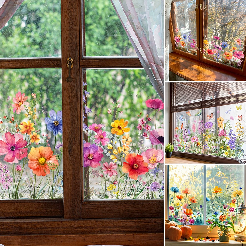 📢📢40% OFF !! ⏰Colorful Floral Bouquet Window Sticker – Vibrant design, easy peel & removable – Perfect for home, cafe & spring decor ✨
