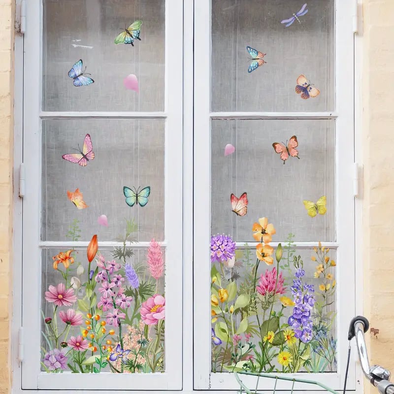 📢📢40% OFF !! ⏰Colorful Floral Bouquet Window Sticker – Vibrant design, easy peel & removable – Perfect for home, cafe & spring decor ✨
