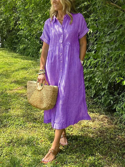 💎 50% OFF! 💎 Striped Lapel Button-Down Shirt Dress – Functional Pockets, Loose Fit & Timeless Elegance 🌟👗
