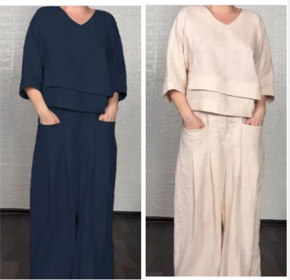 💃2025 Hot Sale🔥Irregular Hem Cotton Linen Short Sleeve Casual 2-Piece Set