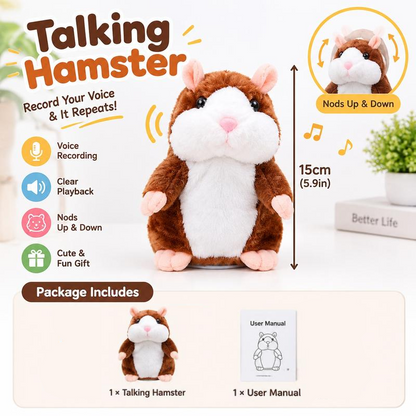 🐹🔥 50% OFF! Talking Hamster Plush – Repeats Whatever You Say, Auto Head-Shaking, Hilarious Fun for Kids & Adults, Soft Interactive Repeat Voice Toy (3×AAA, Batteries Not Included) ✨