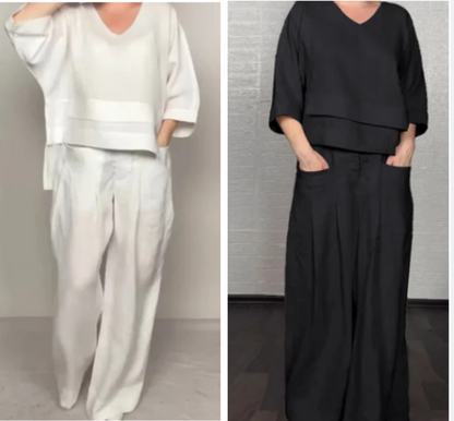 💃2025 Hot Sale🔥Irregular Hem Cotton Linen Short Sleeve Casual 2-Piece Set