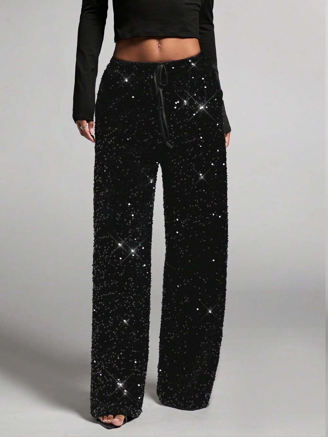 Women's Sequin Sparkle Wide Leg Pants with Elastic Waistband
