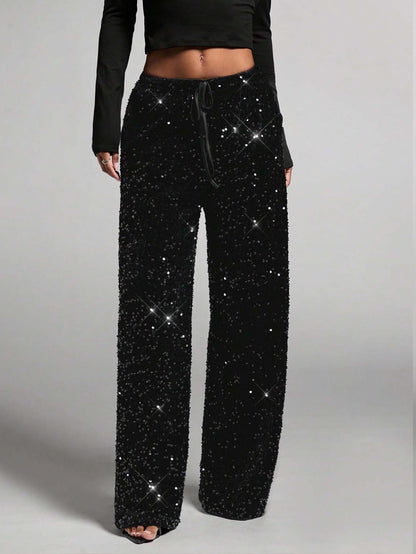 Women's Sequin Sparkle Wide Leg Pants with Elastic Waistband