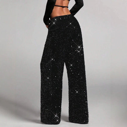 Women's Sequin Sparkle Wide Leg Pants with Elastic Waistband
