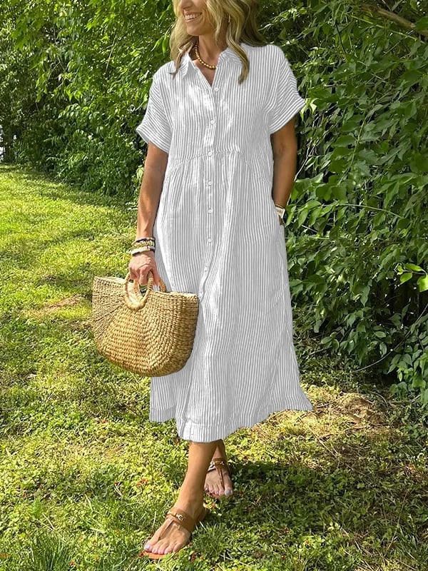 💎 50% OFF! 💎 Striped Lapel Button-Down Shirt Dress – Functional Pockets, Loose Fit & Timeless Elegance 🌟👗