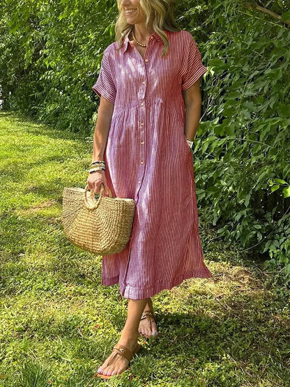 💎 50% OFF! 💎 Striped Lapel Button-Down Shirt Dress – Functional Pockets, Loose Fit & Timeless Elegance 🌟👗