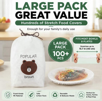 📢📢【Limited Offer – Buy 1 Get 1 Free】🔥 100pcs Disposable Stretch Film for Bowls & Plates, Elastic Container Lids, Plastic Wrap Alternative for Leftovers, Fruit, Vegetables & Kitchen Food Storage