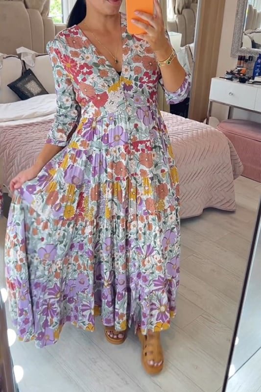 Uitverkoop💃Bloemenprint met tierende zoom Maxi Dress