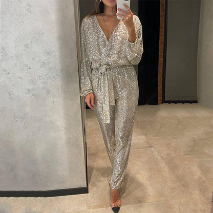 💕Limited Sale 50% OFF💕Women's Sparkly V Neck Belted Jumpsuits