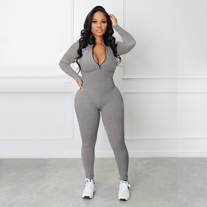 Solid Color Half Zip Seamless Jumpsuit