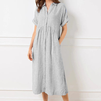 💎 50% OFF! 💎 Striped Lapel Button-Down Shirt Dress – Functional Pockets, Loose Fit & Timeless Elegance 🌟👗