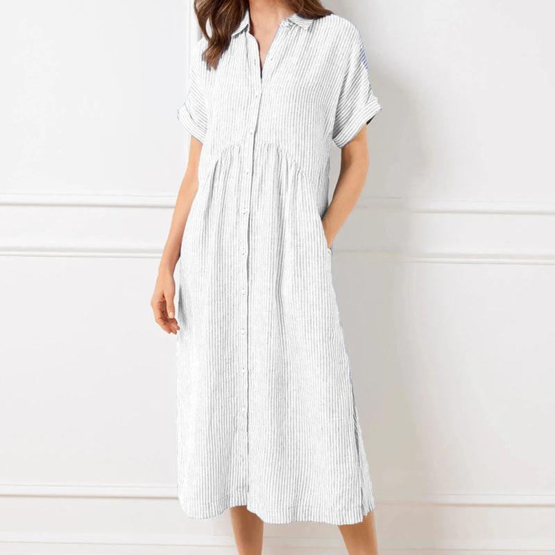 💎 50% OFF! 💎 Striped Lapel Button-Down Shirt Dress – Functional Pockets, Loose Fit & Timeless Elegance 🌟👗