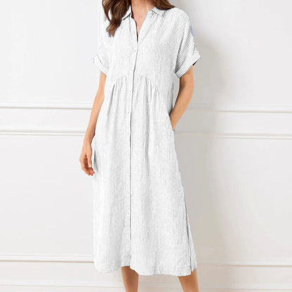 💎 50% OFF! 💎 Striped Lapel Button-Down Shirt Dress – Functional Pockets, Loose Fit & Timeless Elegance 🌟👗