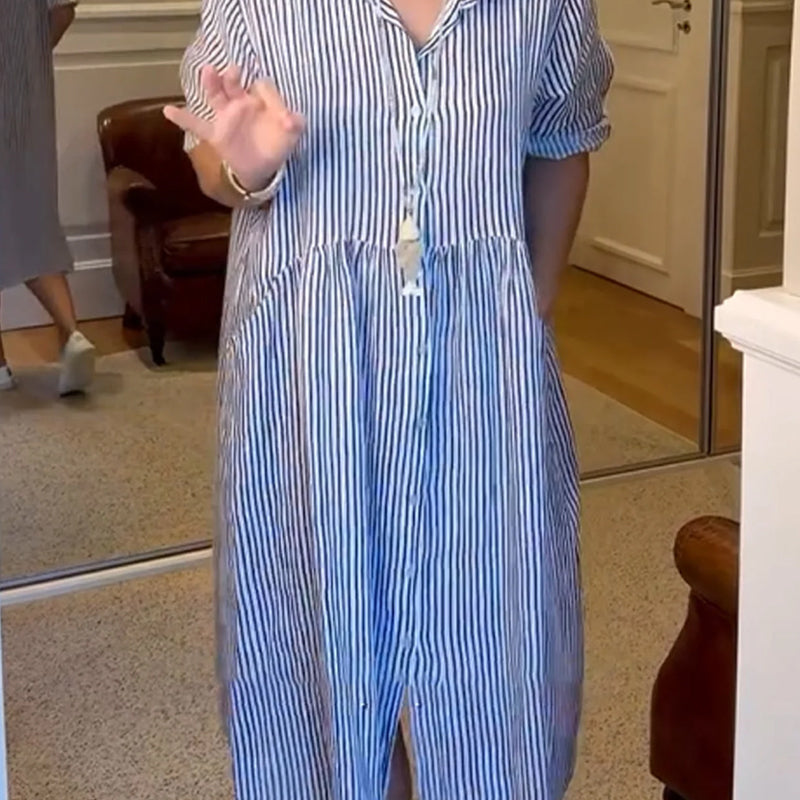 💎 50% OFF! 💎 Striped Lapel Button-Down Shirt Dress – Functional Pockets, Loose Fit & Timeless Elegance 🌟👗