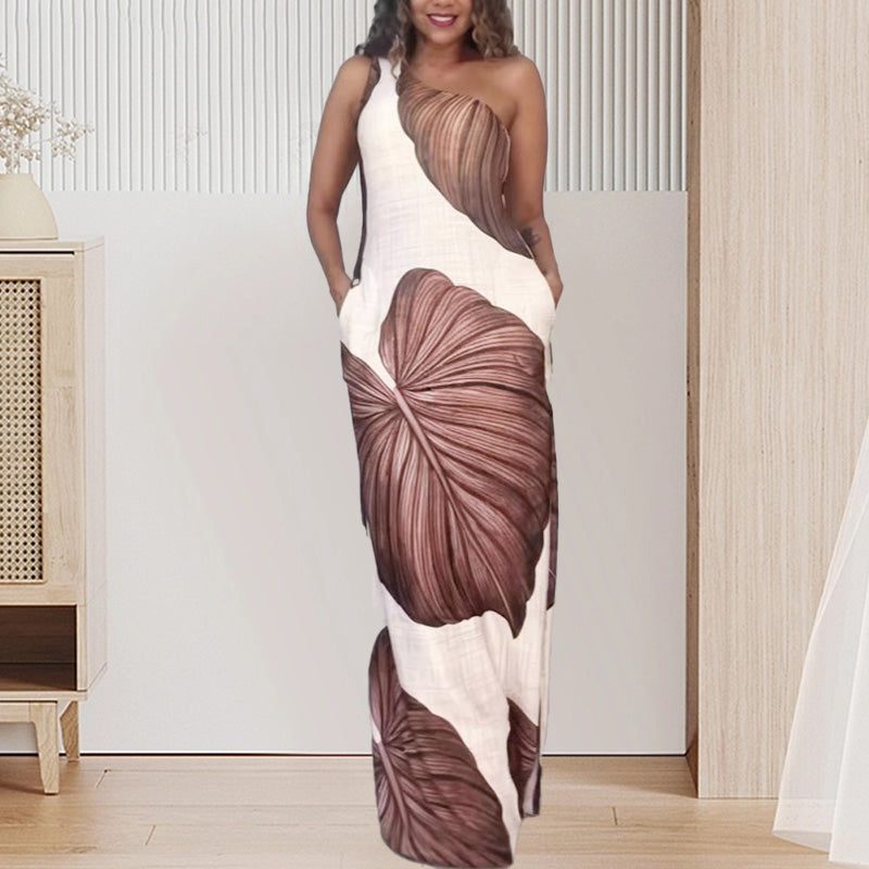 ✨50% OFF Sale✨Palm Print One-Shoulder Slim Maxi Dress