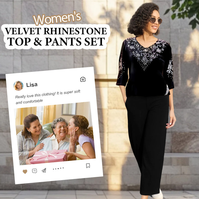 💎 50% OFF! 💎 Women's Velvet Rhinestone Top & Pants Set – Glossy Luxury Fabric, Sparkling Detailing & All-Day Comfort