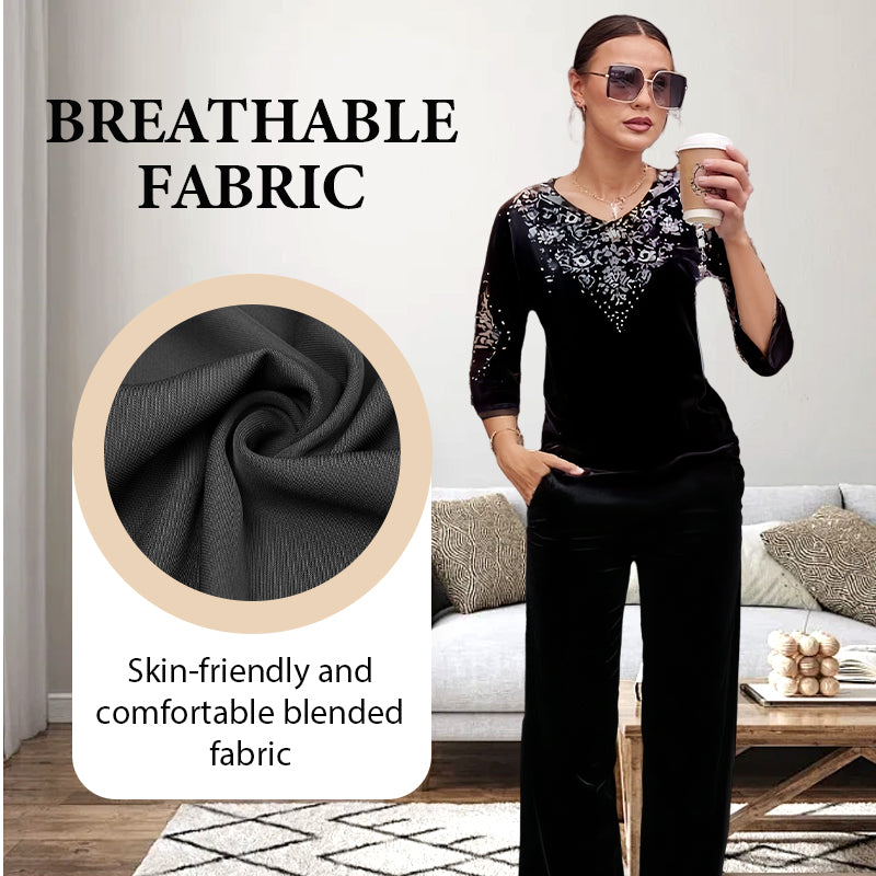 💎 50% OFF! 💎 Women's Velvet Rhinestone Top & Pants Set – Glossy Luxury Fabric, Sparkling Detailing & All-Day Comfort