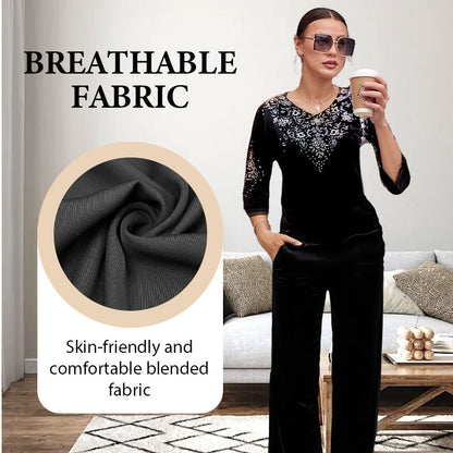💎 50% OFF! 💎 Women's Velvet Rhinestone Top & Pants Set – Glossy Luxury Fabric, Sparkling Detailing & All-Day Comfort