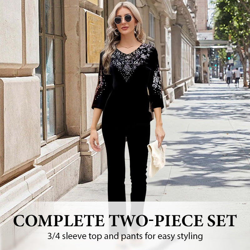 💎 50% OFF! 💎 Women's Velvet Rhinestone Top & Pants Set – Glossy Luxury Fabric, Sparkling Detailing & All-Day Comfort