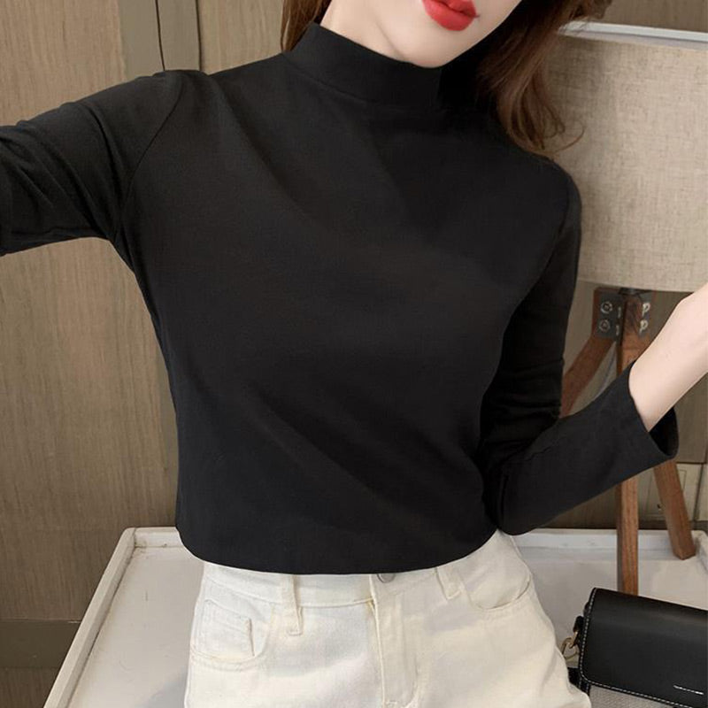 🔥Limited stock available 50% OFF🔥Women's Comfortable Solid Color Half High Neck Long Sleeve Top