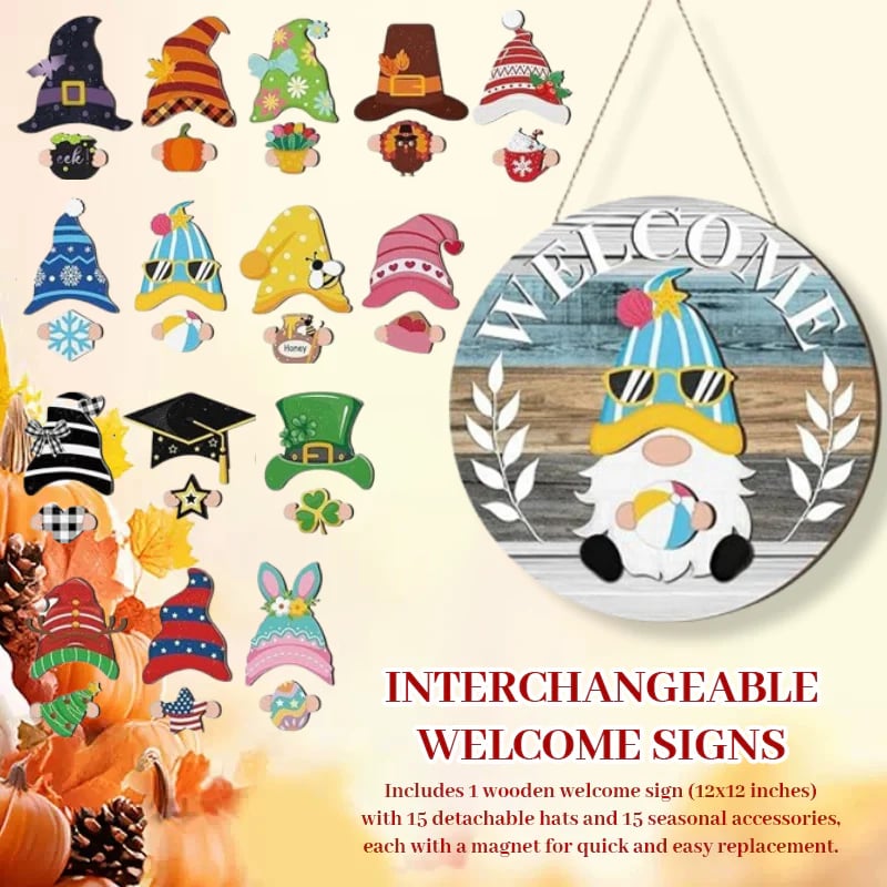 🍁Christmas sale 50% off 🌟Best Decorations🎄Interchangeable Wooden Gnome Welcome Sign🎈