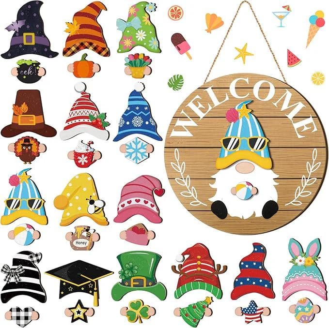 🍁Christmas sale 50% off 🌟Best Decorations🎄Interchangeable Wooden Gnome Welcome Sign🎈