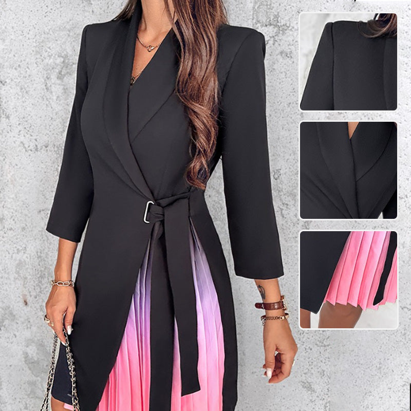 🎁Meet Christmas 50% OFF🎄|Ombre Lapel Neck Tied Waist Pleated Blazer Dress