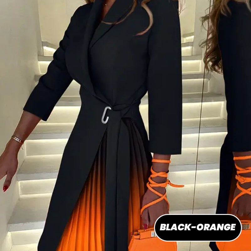 🎁Meet Christmas 50% OFF🎄|Ombre Lapel Neck Tied Waist Pleated Blazer Dress