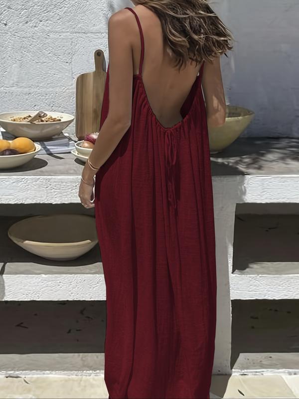 🔥New Year's Special Offer:50% OFF🎉Women's Solid Color Drawstring Cami Dress, Elegant Cool Backless Long Slip