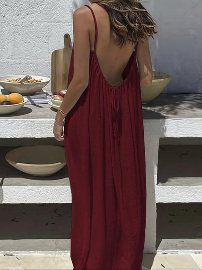 🔥New Year's Special Offer:50% OFF🎉Women's Solid Color Drawstring Cami Dress, Elegant Cool Backless Long Slip