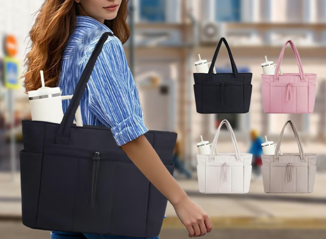 🎒 Natural Puffer Tote Bag – Nylon/Waterproof Lining – 20 L & Elastic Pocket for a 40 oz Water Bottle – Perfect for Work, the Gym, and Travel 🏋️