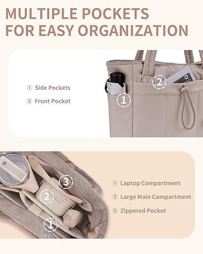 🎒 Natural Puffer Tote Bag – Nylon/Waterproof Lining – 20 L & Elastic Pocket for a 40 oz Water Bottle – Perfect for Work, the Gym, and Travel 🏋️