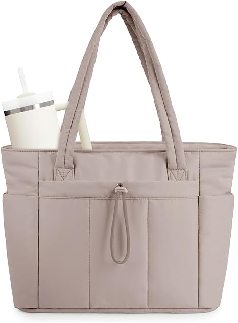 🎒 Natural Puffer Tote Bag – Nylon/Waterproof Lining – 20 L & Elastic Pocket for a 40 oz Water Bottle – Perfect for Work, the Gym, and Travel 🏋️