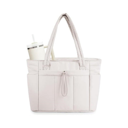 🎒 Natural Puffer Tote Bag – Nylon/Waterproof Lining – 20 L & Elastic Pocket for a 40 oz Water Bottle – Perfect for Work, the Gym, and Travel 🏋️