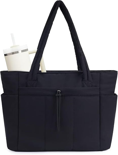 🎒 Natural Puffer Tote Bag – Nylon/Waterproof Lining – 20 L & Elastic Pocket for a 40 oz Water Bottle – Perfect for Work, the Gym, and Travel 🏋️