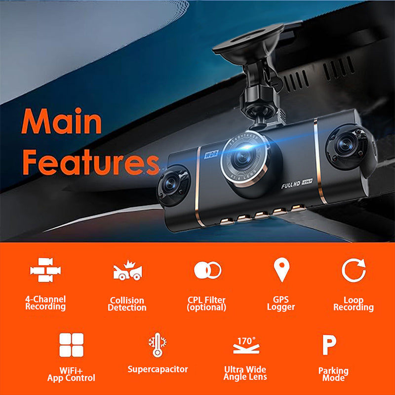 🏆65% Off🔥🚗4-Channel HD Dashcam with Front Interior Rear Recording