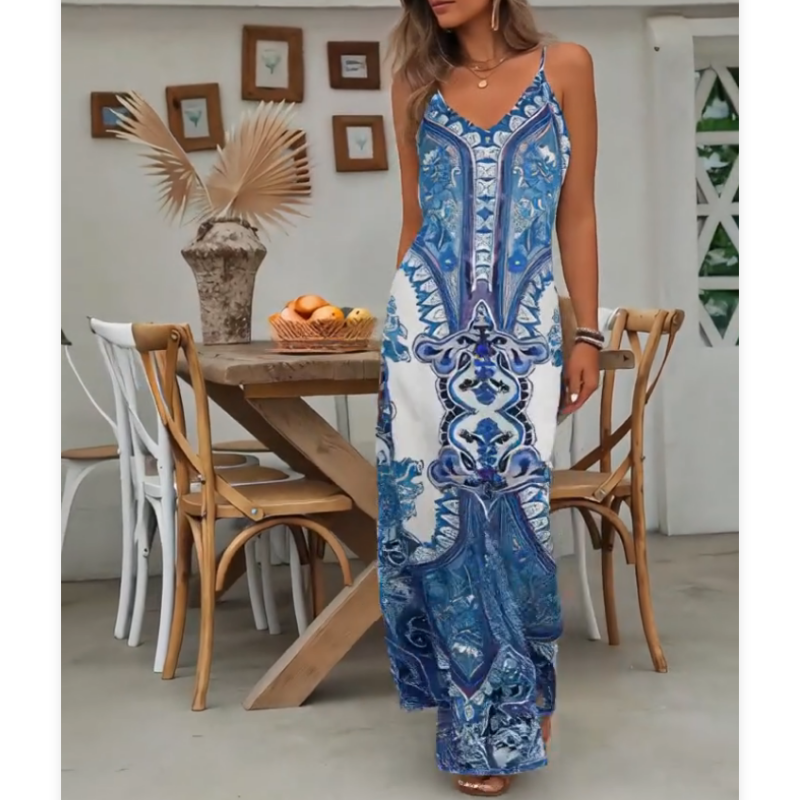 🎁2026 New Arrivals 50% OFF💥Women’s Retro Print V-Neck Sleeveless Maxi Dress