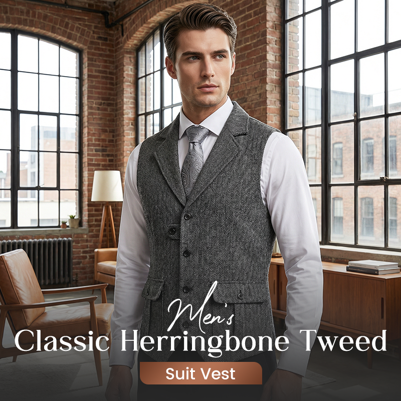 💎 50% OFF! 💎 Men's Classic Herringbone Tweed Suit Vest – Vintage Texture, Adjustable Fit & Premium Cotton Blend 👔🧥