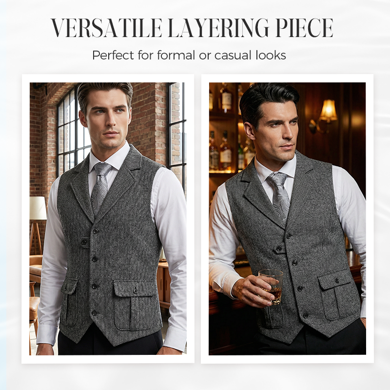 💎 50% OFF! 💎 Men's Classic Herringbone Tweed Suit Vest – Vintage Texture, Adjustable Fit & Premium Cotton Blend 👔🧥