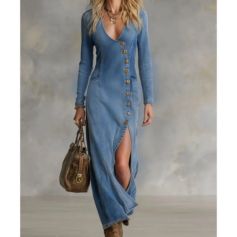 💎 52% OFF! 💎 Women's Long Sleeve V-Neck Maxi Dress – Soft Fabric, Bodycon Fit & Elegant High Slit 👗✨